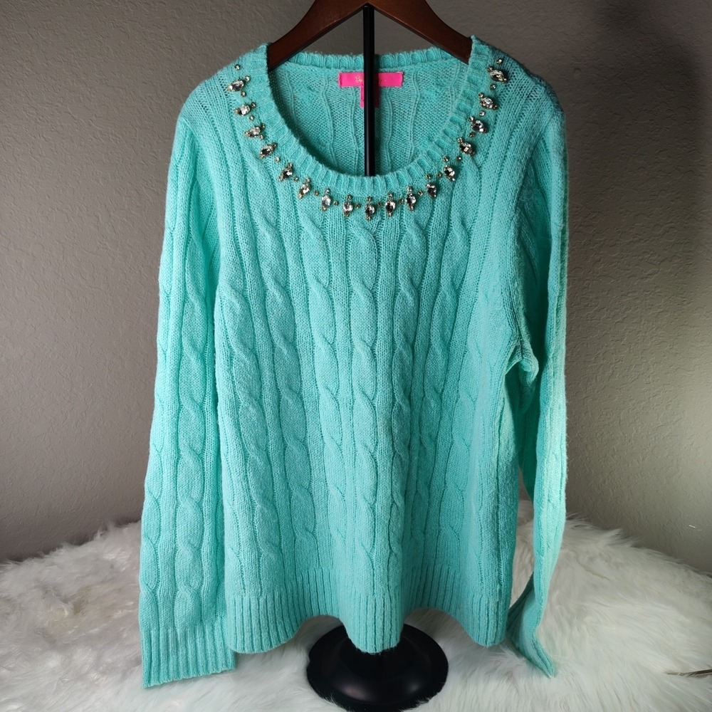 Lilly Pulitzer Cable Knit Sweater Women L Mint Green Jewel Embellished Crew Neck